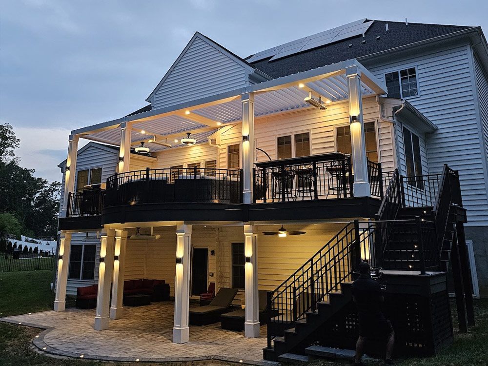 Elevated deck with evening lighting