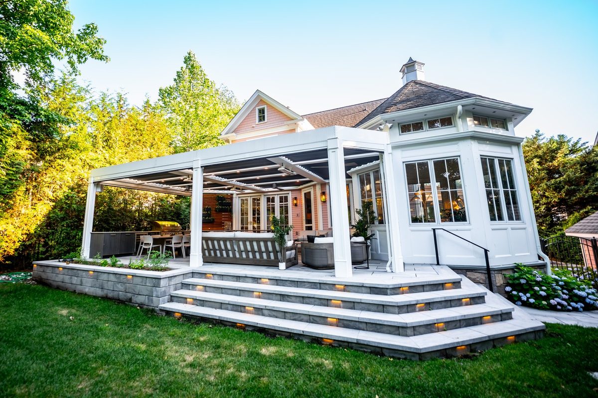 Covered custom deck and backyard pavilion built by SCPC Construction